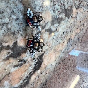 Bee Shaped Earrings with Pearl and Red Accents